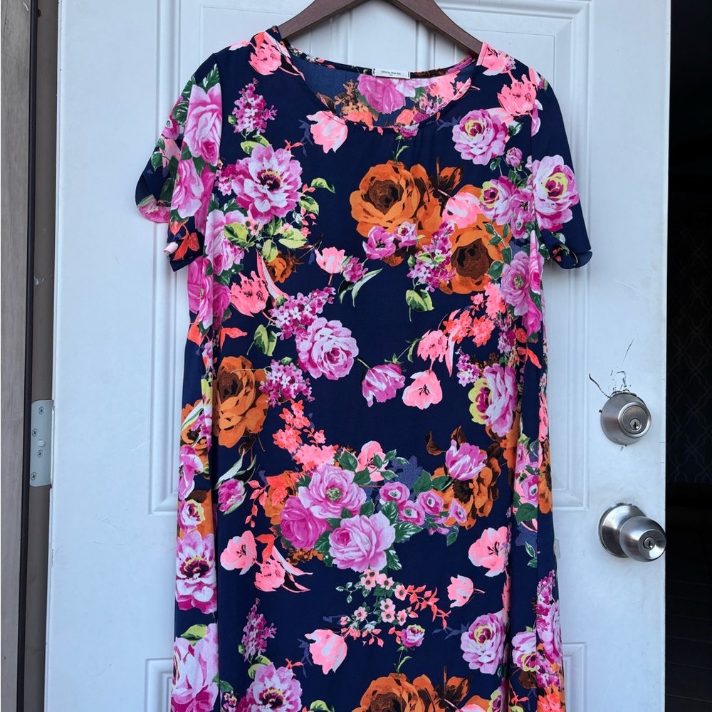 12 Pm By Mon Ami Navy Floral Midi Dress with Pink & Orange Blooms